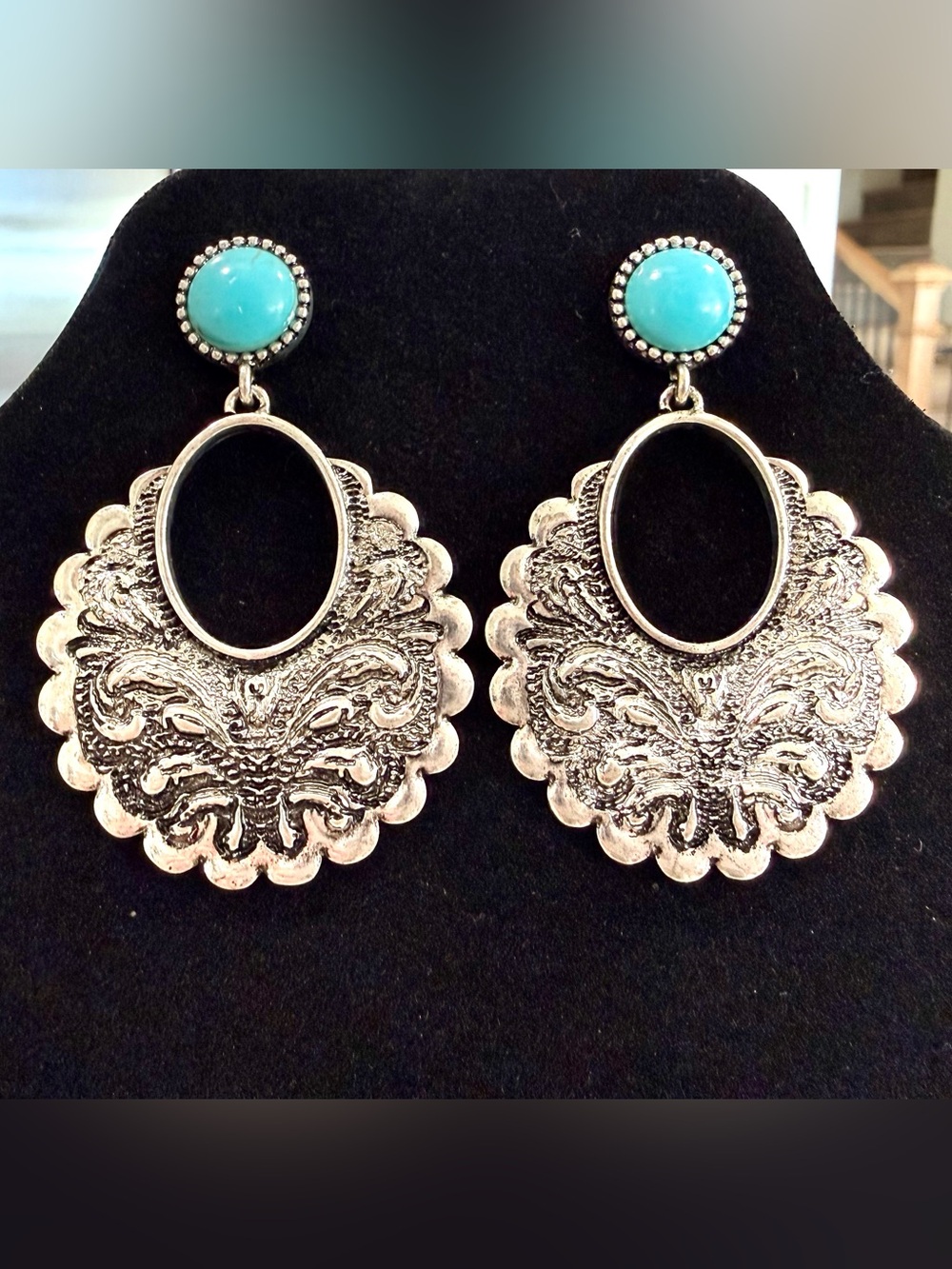Turquoise Inspired Silver Toned Filigree Drop Earrings - Women Jewelry